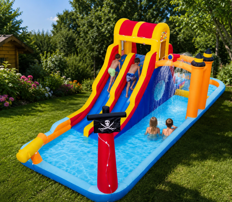 Piraten-Hüpfburg mit Doppelrutsche - Ideal für Piratenfans
- mit Wasserfunktion